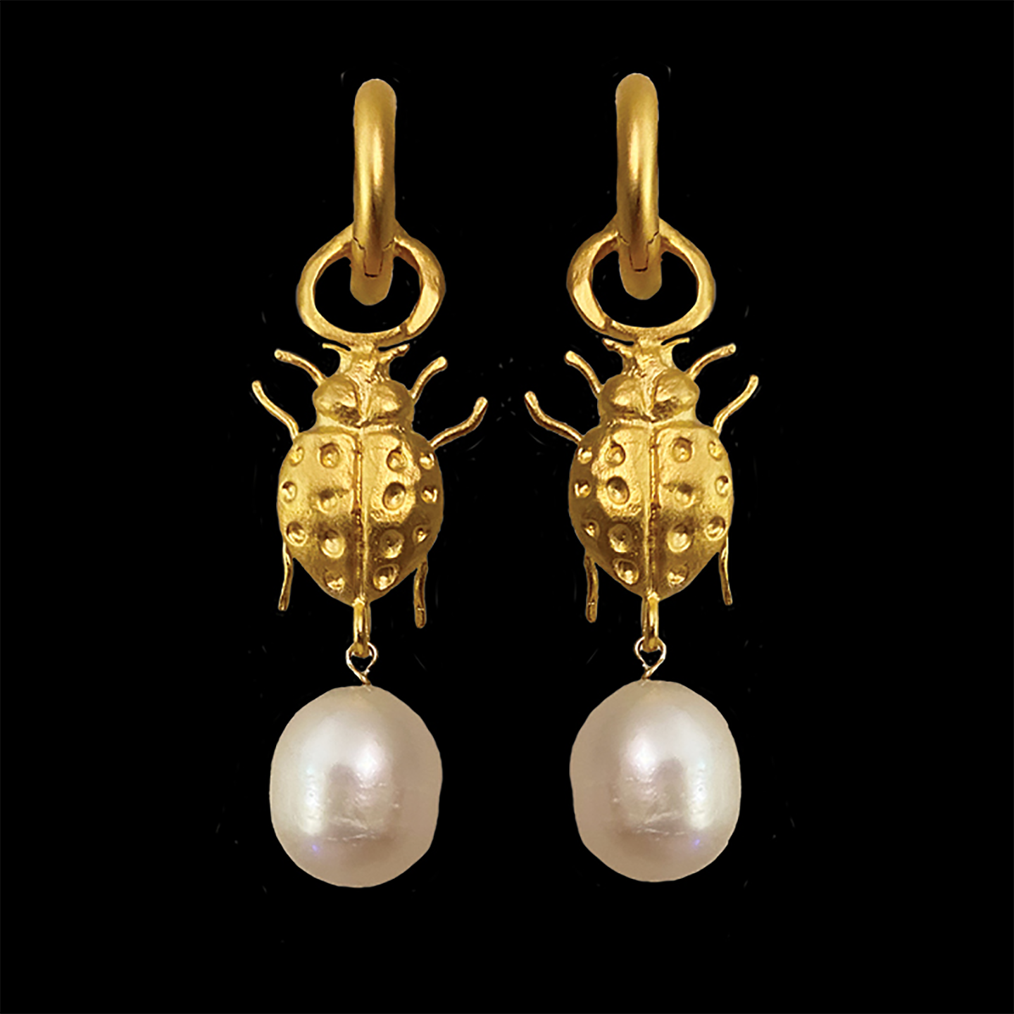 Ladybug Hoops with Egg Shaped Pearl Drops