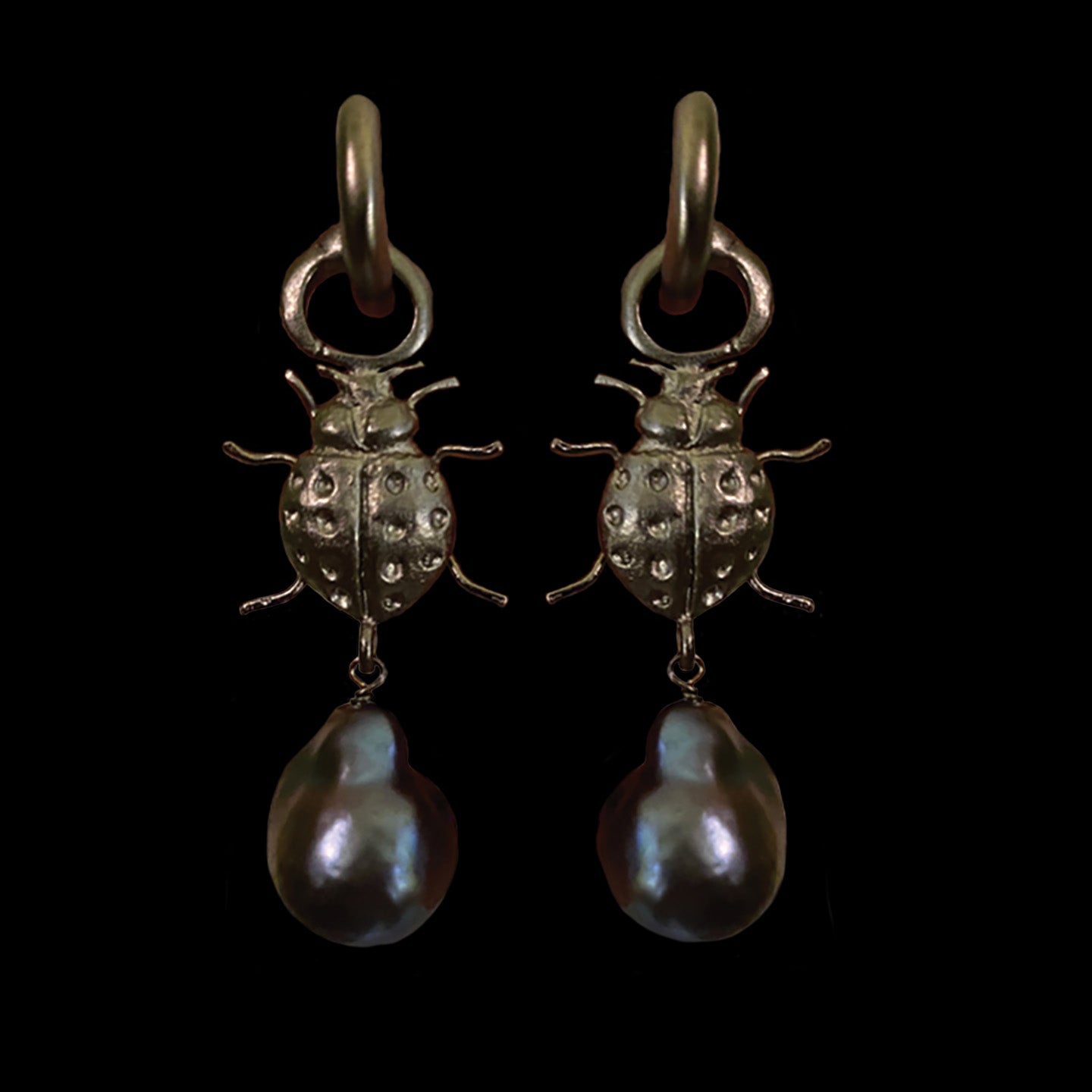 Black Ladybug and Baroque Pearl Hoops
