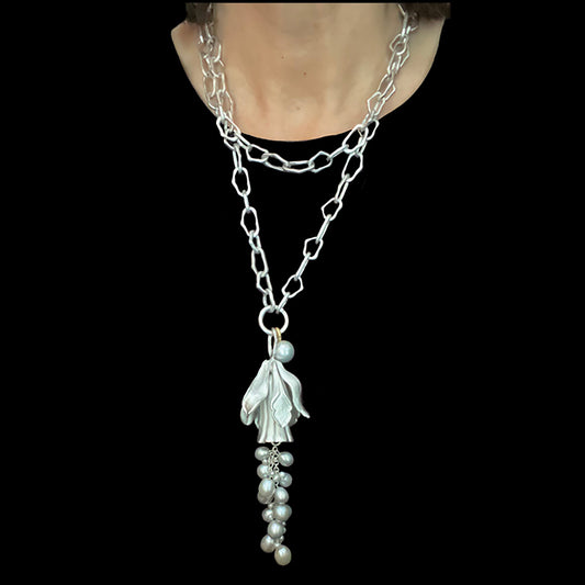 Daffodil Pod Opera Length Necklace With Gray Tassel