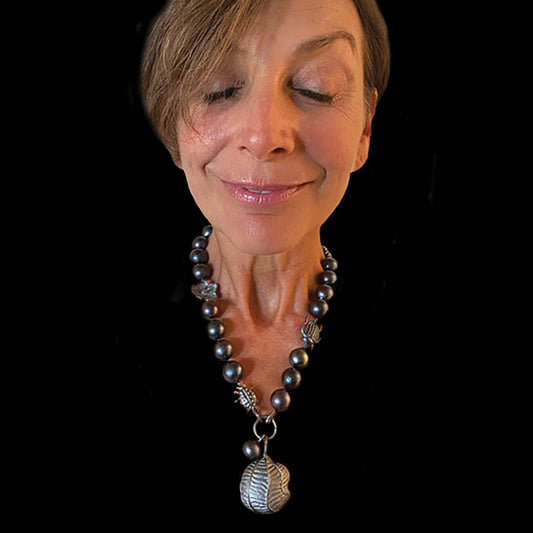 Charmed Black Pearl Choker with Trumpet Snakewood Leaf and Pearl Drop