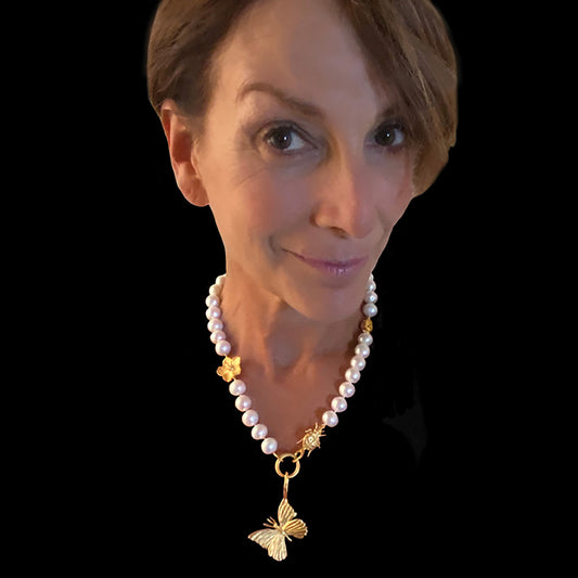 Charmed White 11mm Pearl Choker Necklace with Cephus Satyr Butterfly Drop